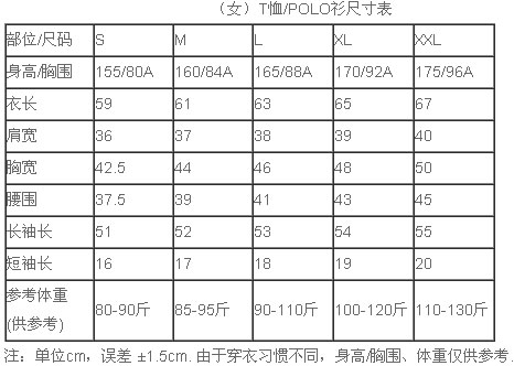 女T恤尺碼對照表